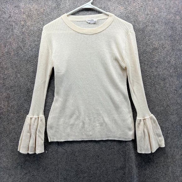 Frame Denim Sweater Women Small Ivory Ribbed Bell Sleeve Pullover Top Fleece - Picture 1 of 10